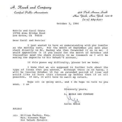 Aaron Kozak to Barrie and Carol Coate