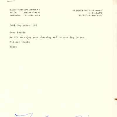 Letter from Yehudi Menuhin to Barrie Coate