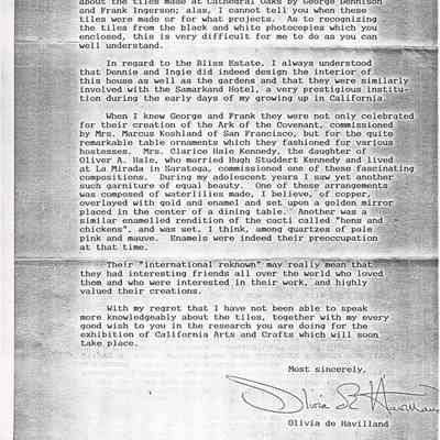 Letter, Joe Taylor from Olivia de Havilland, Photocopy
