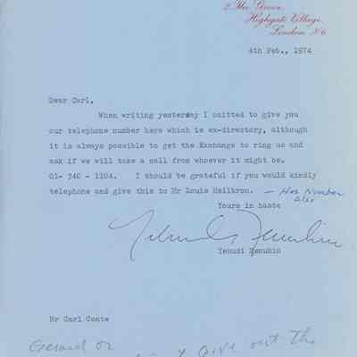 Letter from Yehudi Menuhin to Carl Coate