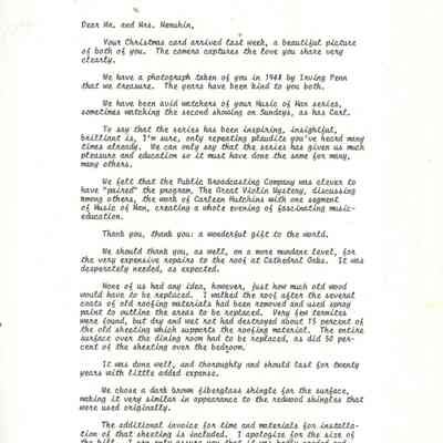 Letter from Barrie Coate to Yehudi and Diana Menuhin, Photocopy