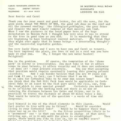 Letter from Yehudi Menuhin to Carol and Barrie Coate