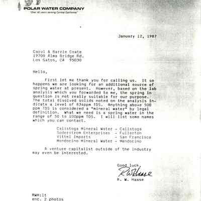 Polar Water Company to Carol and Barrie Coate, Photocopy