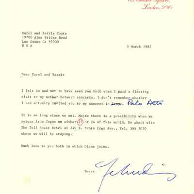 Letter from Yehudi Menuhin to Carol and Barrie Coate