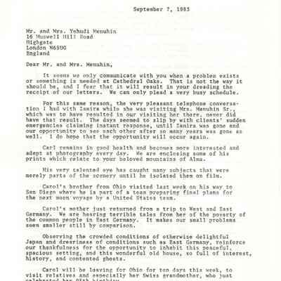Letter from Carol and Barrie Coate to Yehudi Menuhin, Photocopy