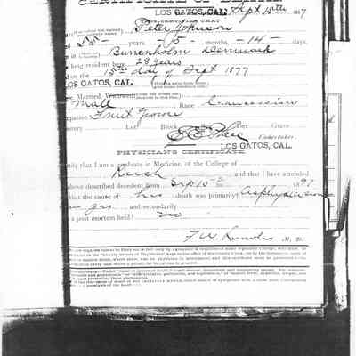 Peter Johnson Death Certificate, Photocopy