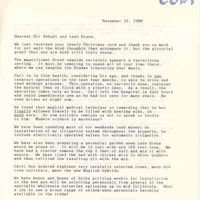 Letters from Carol and Barrie Coate to Yehudi Menuhin, Photocopy