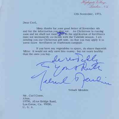 Letter from Yehudi Menuhin to Carl Coate