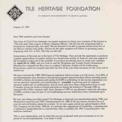 Tile Heritage Foundation Newsletter, August 12, 1991
