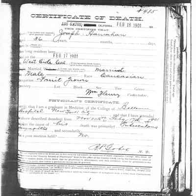 Joseph Hanrahan Death Certificate, Photocopy