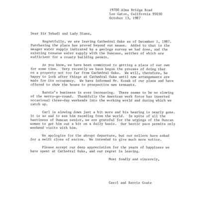 Letter from Carol and Barrie Coate to Yehudi and Diana Menuhin