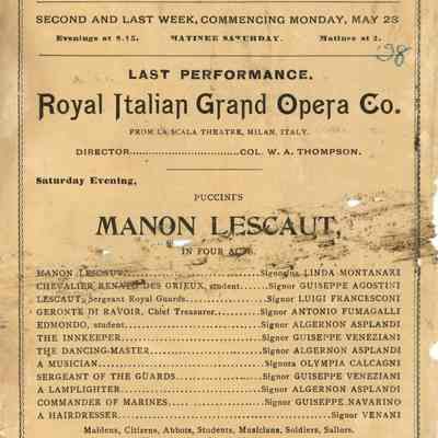 Royal Italian Grand Opera Program, "Manon Lescaut"