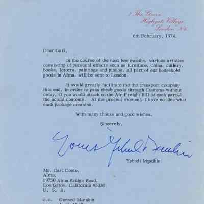 Letter from Yehudi Menuhin to Carl Coate
