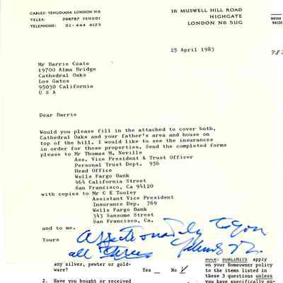 Letter from Yehudi Menuhin to Barrie Coate, and Insurance Checklist