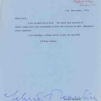 Letter from Yehudi Menuhin to Carl Coate