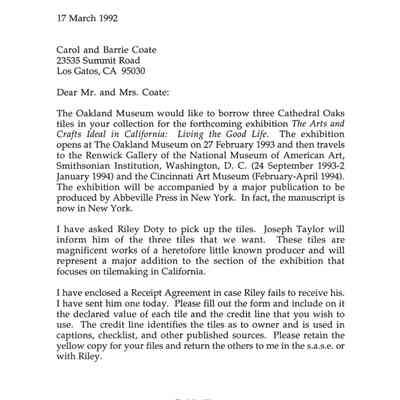 Letter, Kenneth Trapp to Carol and Barrie Coate