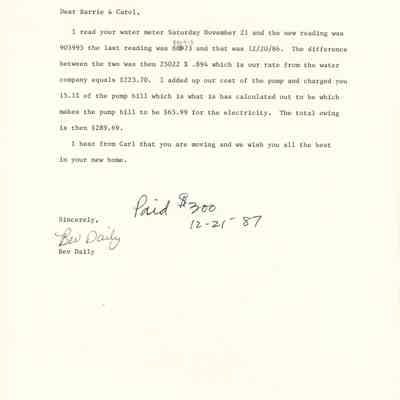 Letter from Bev Daily to Carol and Barrie Coate, Photocopy
