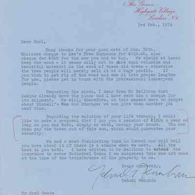 Letter from Yehudi Menuhin to Carl Coate