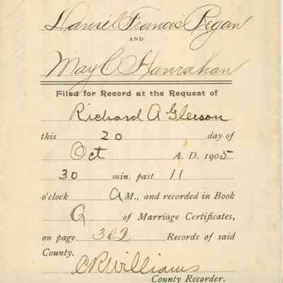 Marriage Licenses and Certificates for Dan Regan and May Hanrahan