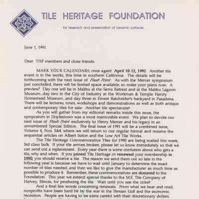 Tile Heritage Foundation Newsletter, June 1, 1991