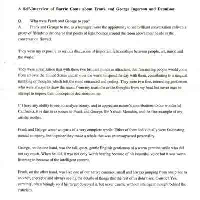 A Self-Interview of Barrie Coate about Frank and George Ingerson and Dennison.