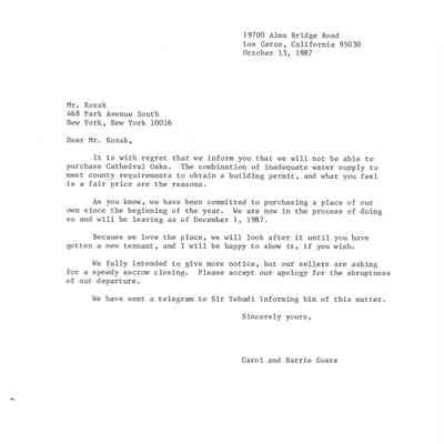 Letter from Carol and Barrie Coate to Aaron Kozak