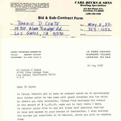 Letter and Contract between Barrie Coate and Carl Becks and Sons