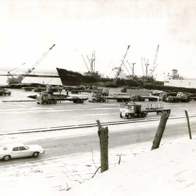 Unloading Ship onto Trucks at Port of Indiana