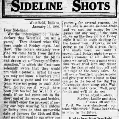 Article about Westfield High School Team and possibly first mention of Shamrock !