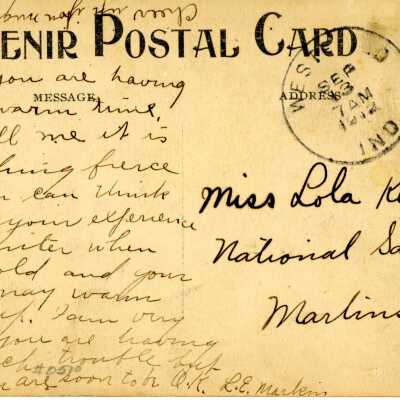 back of postcard with letter to Lola Kennet from L.E. Markin: Origformat: Artifact
