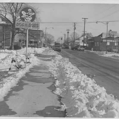 West Main Street SR32 looking east during winter. Dog n Suds Drive Inn first.