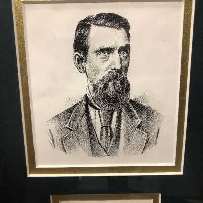 A print of a drawing or etching of Thomas J. Lindley