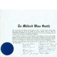 Wiss: Mildred Wiss Smith certificate of Merit