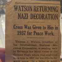 Watson: Thomas Watson Returning Medal Newspaper Clipping