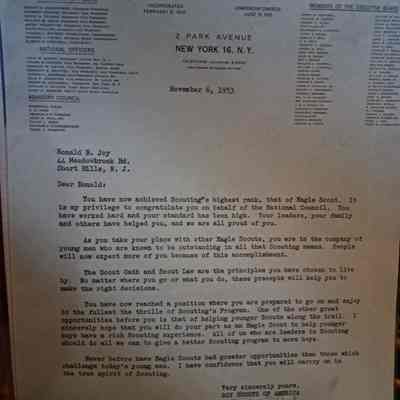 Joy: Ronald Joy Eagle Scout Award Letter, 1953
