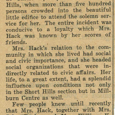 Hack: Mrs. Harold Hack Tribute, April 1927