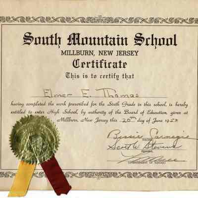 Thomas: Elmer E. Thomas Graduation Certificate from South Mountain School, 1952