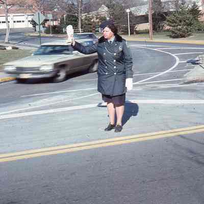 Police Officer Jinny Tompkins at the western intersection of Essex and Millburn Avenue taken January 1976
