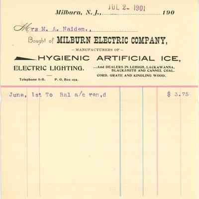 Millburn Electric Company: Mary A. Nadin Invoice, 1901