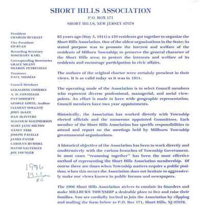 Short Hills Association: Documents Pertaining to the Organization, 1940s-90s