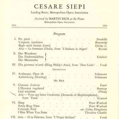 Community Concert Association: Cesare Siepi Concert Program and Articles, 1953
