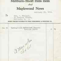 Item Newspaper: Millburn-Short Hills Item Invoice, 1930