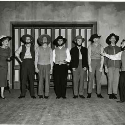 Buck Kartalian introduces Jacqueline James to the Farmers and Neighbors in Plain and Fancy, 1956.
