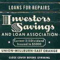 Bank: Investors Savings and Loan Association Matchbook Cover