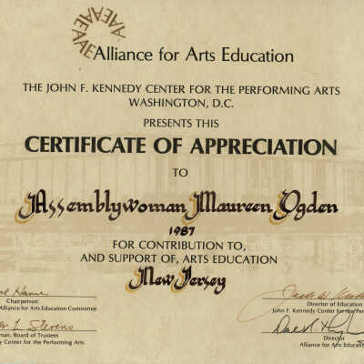 Ogden: Maureen Ogden Kennedy Center for the Performing Arts Certificated of Appreciation, 1987