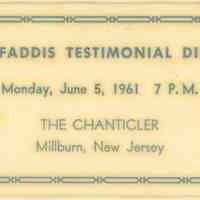 Faddis: Robert Faddis Testimonal Dinner Card, 1961
