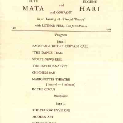 Community Concert Association: Ruth Mata and Eugene Hari Program and articles, 1953