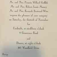 Massey: Invitation From Mrs. Robert L. Massey to Cocktails and Dinner