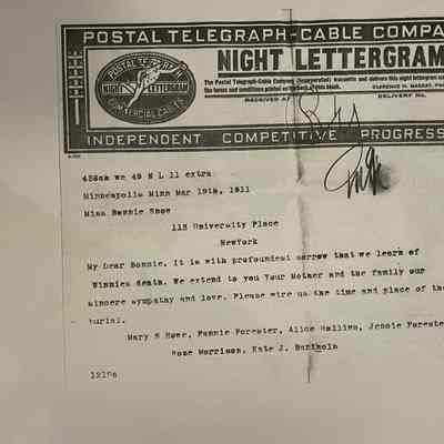 Snow: Telegram to Bonnie Expressing Sympathy, 1911