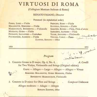 Community Concert Association: Virtuosi Di Roma Program and Article, 1953